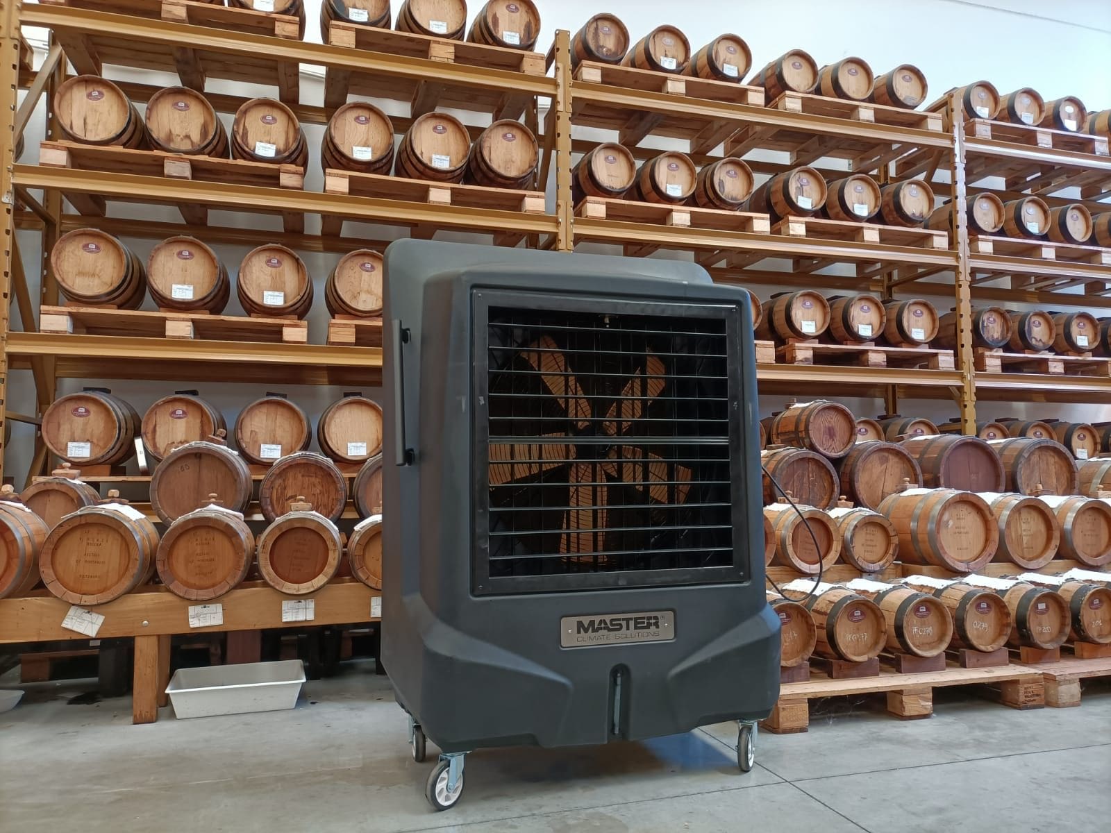 Master BC-221 Weinkeller: Klimagerät vor Holzregalen mit Weinfässern. Optimale Lagerung im Weinkeller.