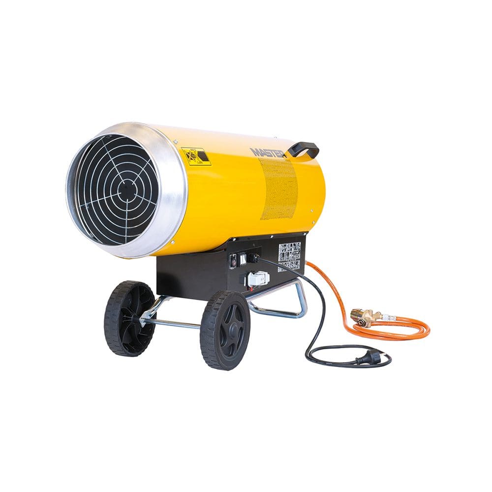 Gelber Master BLP 103ET Gasheizer mit Rädern. Heizgerät für Industrie, Bau und Gewerbe. Mobile Heizlösung, robust und leistungsstark.