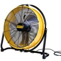 Gelber Master DF 20 Trommelventilator mit schwarzem Schutzgitter und Rahmen. Tragbarer Ventilator für Industrie und Gewerbe.