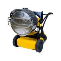Master XL 91SR Heizgerät: Gelber, fahrbarer Infrarotstrahler mit Schutzgitter und Griff. Ideal für Baustellen und Werkstätten.