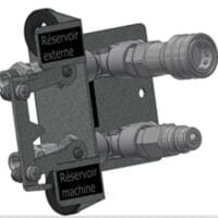Quick-Connector: Detailaufnahme eines Schnellverbinders mit Anschlüssen für externe und Maschinen-Reservoirs.