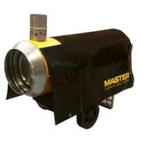 MASTER Heizlüfter mit Regenschutz. Schwarze Abdeckung schützt das gelbe Gerät. Mobile Heizlösung für Baustellen.