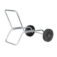 Metall-Trolley mit zwei schwarzen Rädern. Der Trolley hat einen Griff und eine Basis für den Transport von Gegenständen. Praktisch und robust.