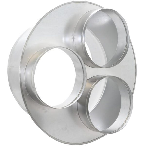 Heylo Verteilung: Metallrohr-Verteiler mit drei runden Öffnungen. Luftverteilungssystem für Lüftungstechnik. Silberfarben, industrielle Optik.