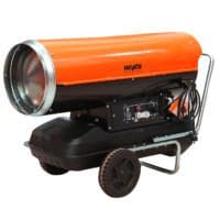 Heylo DS 65 T Heizlüfter: Mobiler Ölheizer mit Rädern, orangefarbenem Gehäuse und schwarzem Unterbau für effiziente Heizleistung.