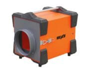Heylo PF 1000 Bautrockner: Kompakter, oranger Luftentfeuchter mit grauem Anschlussstutzen und Tragegriff. Ideal für Baustellen.
