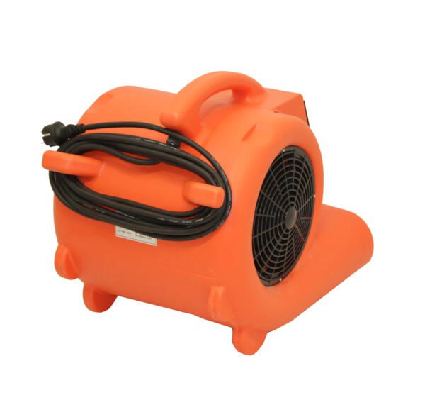 Heylo TD2400 Bautrockner: Rückansicht des orangefarbenen Turbotrockners mit Kabelaufwicklung und schwarzem Schutzgitter.