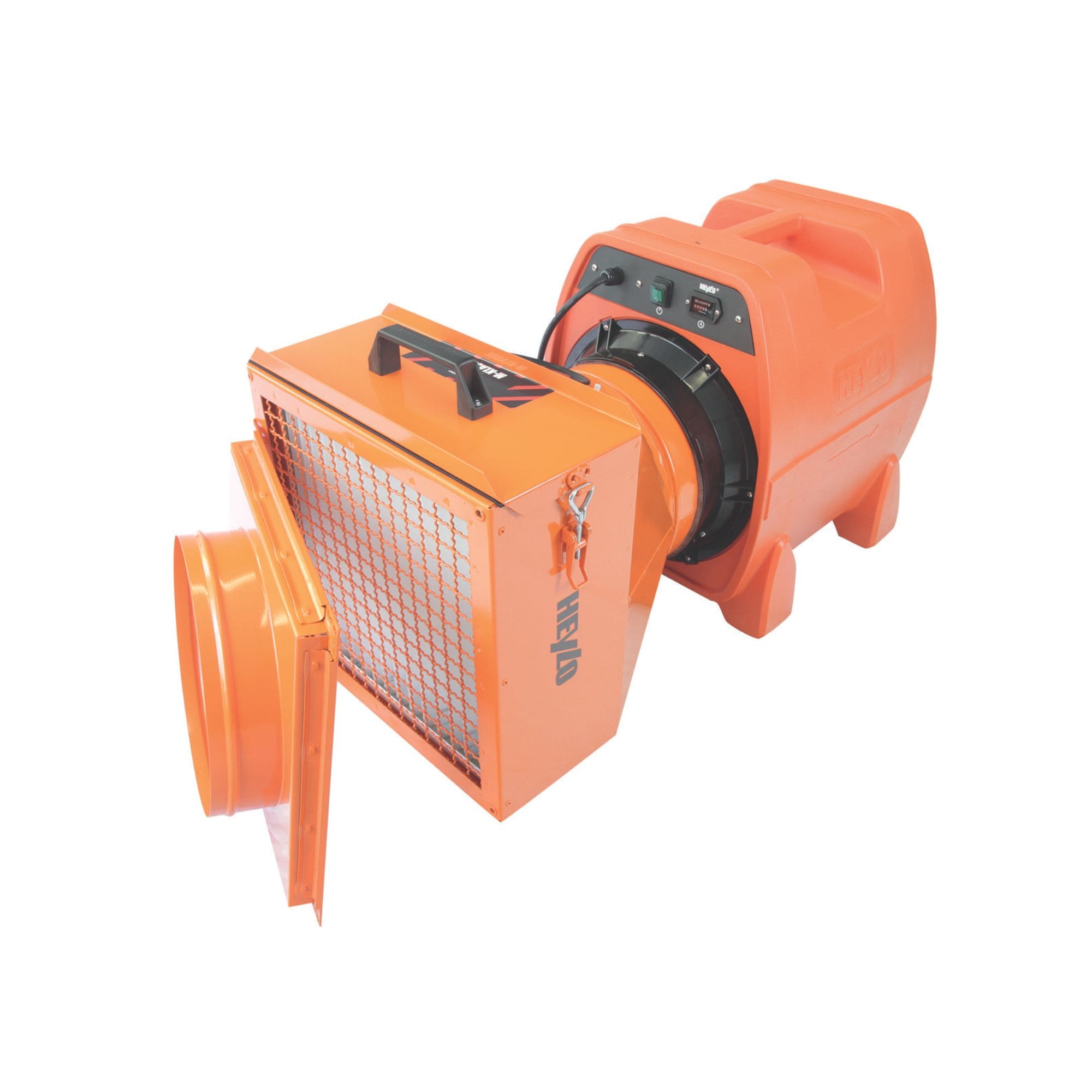 Heylo StaubStop 3000 Plus Luftreiniger mit Adapter. Oranges Gehäuse, Filter mit Gitter und Tragegriff. Staubschutz für Baustellen.