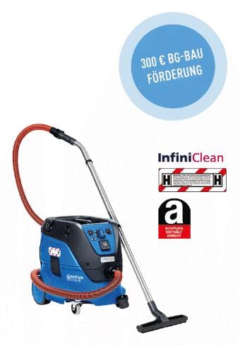 Nilfisk ATTIX 33-2H IC ASBEST Industriesauger: Blauer Sauger mit rotem Schlauch, geeignet für Asbest, mit BG-Bau Förderung.