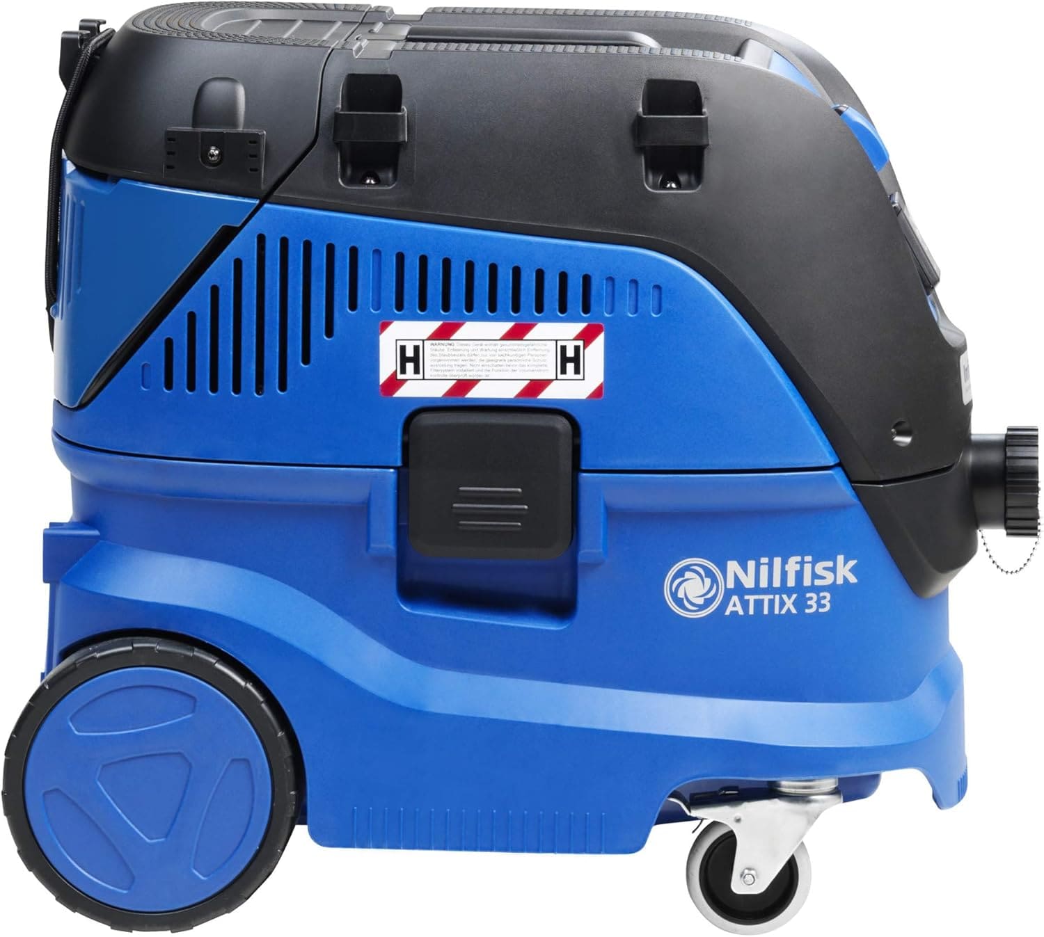 Blauer Industriesauger Nilfisk ATTIX 33-2H IC ASBEST mit Rollen, ideal für Bau und Sanierung. Detailaufnahme.