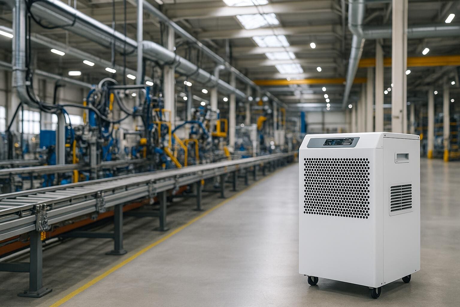 Produktionshalle mit Maschinen und einem Luftentfeuchter Industrie zur Regulierung der Luftfeuchtigkeit