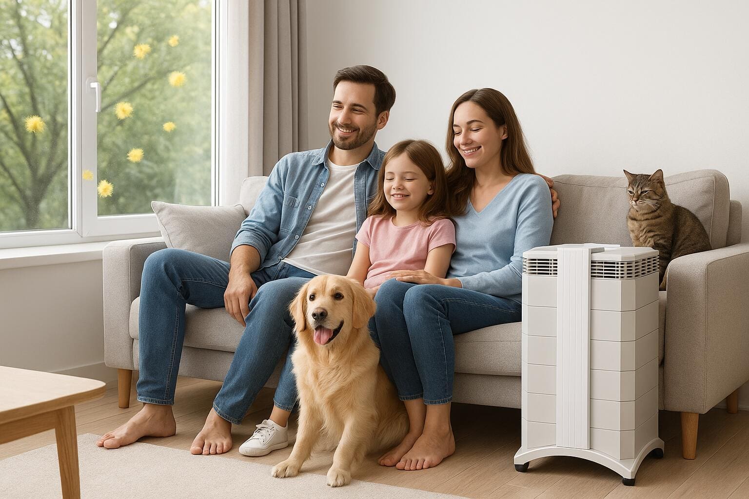 Familie im Wohnzimmer mit Luftreiniger. Hund und Katze sitzen auf dem Sofa. Luftreiniger Wohnung für bessere Luftqualität.