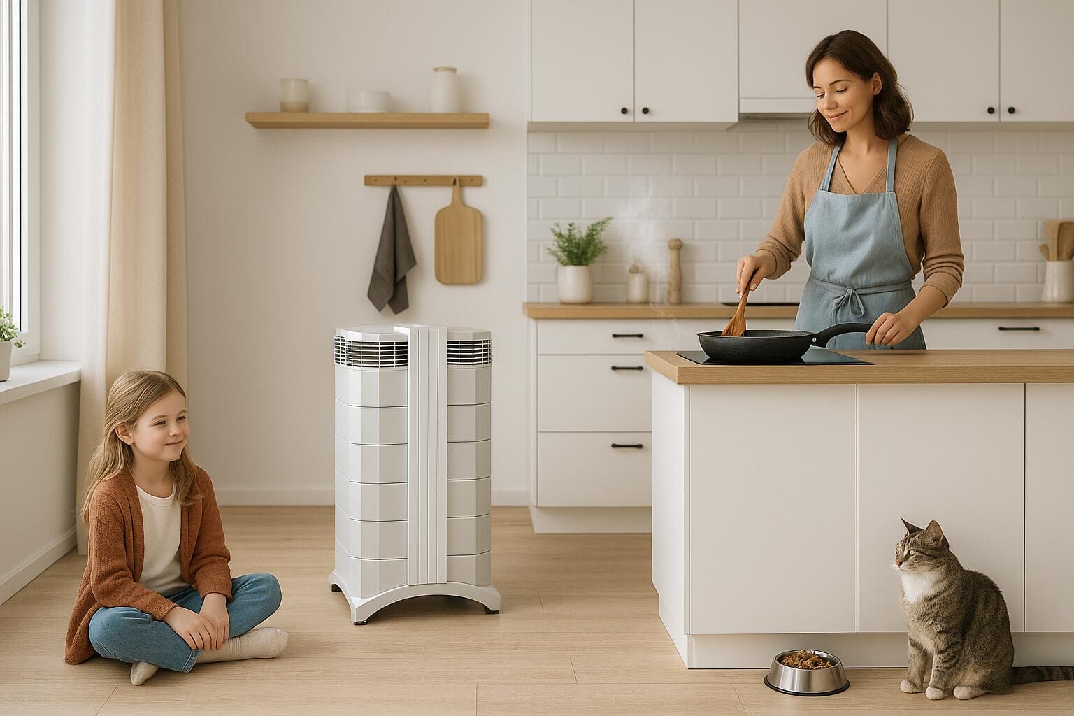 Mutter mit Kind und Katze in der Küche – geruchsfreie Raumluft durch Luftreiniger