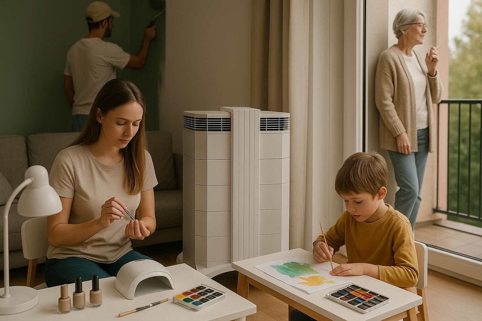 Luftreiniger gegen Gerüche in Wohnung: Familie mit Luftreiniger. Mann streicht, Frau macht Nägel, Kind malt, Oma auf Balkon.