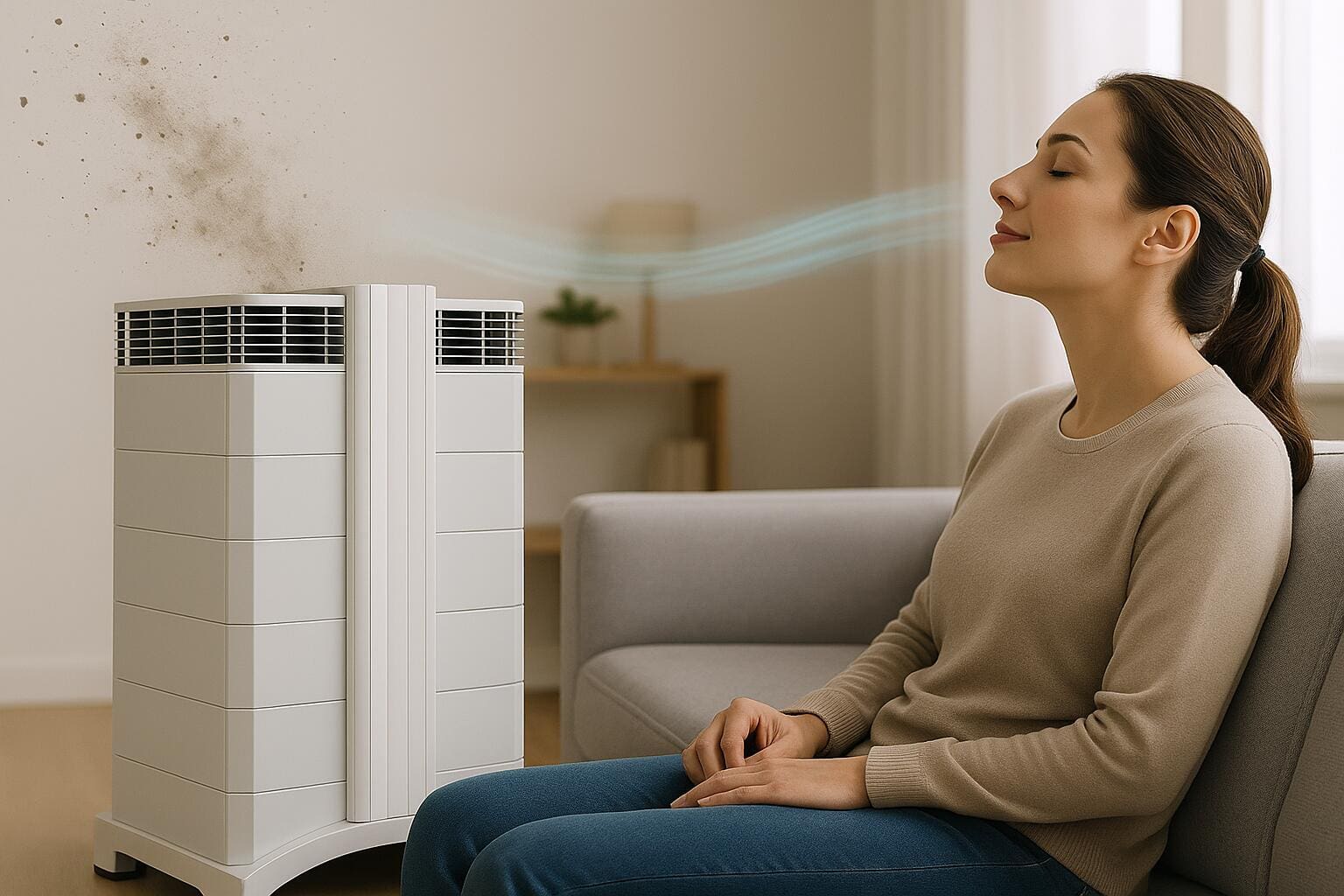 IQAir Luftreiniger filtert Staubpartikel in einem modernen Wohnzimmer, während eine Frau auf dem Sofa sitzt und saubere Luft einatmet