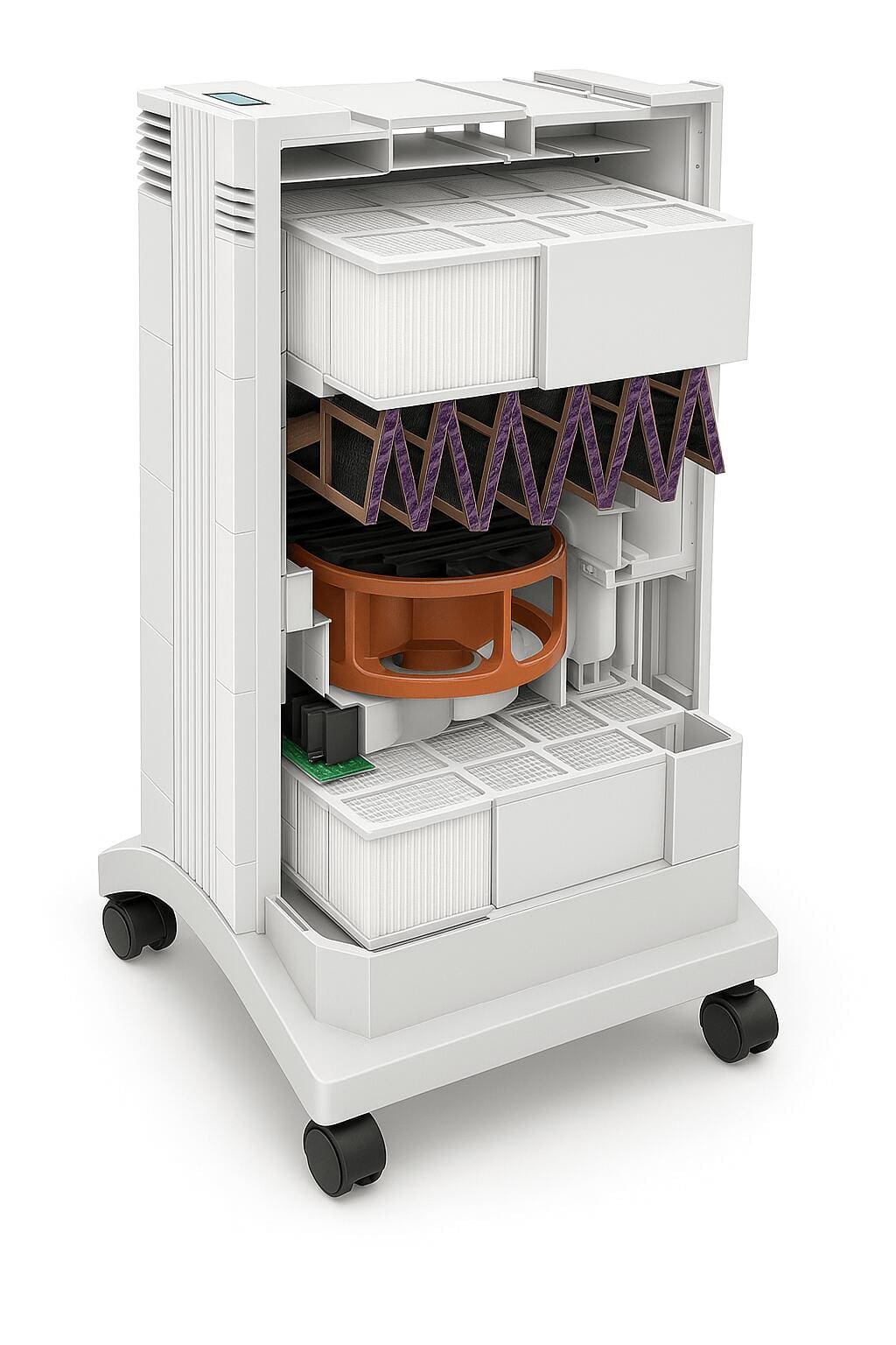 3D-Illustration des IQAir HealthPro 250 New Edition mit geöffnetem Gehäuse. Innenaufbau mit nummerierten Komponenten: HEPA-Filter, Aktivkohlemodul, Lüftereinheit, Elektronik und Vorfilter.
