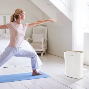 Frau macht Yoga-Übungen in hellem Raum mit AirgoClean 110 E Luftreiniger im Hintergrund