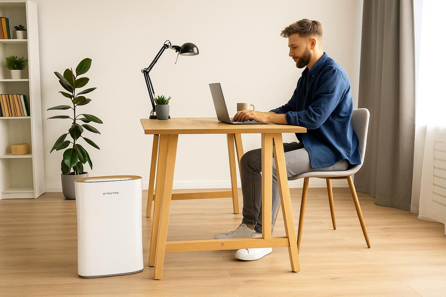 Luftreiniger AirgoClean 11 E Produktiver arbeiten mit reiner Luft im Homeoffice Person arbeitet konzentriert am Laptop im Homeoffice mit AirgoClean 110 E Luftreiniger für bessere Raumluft