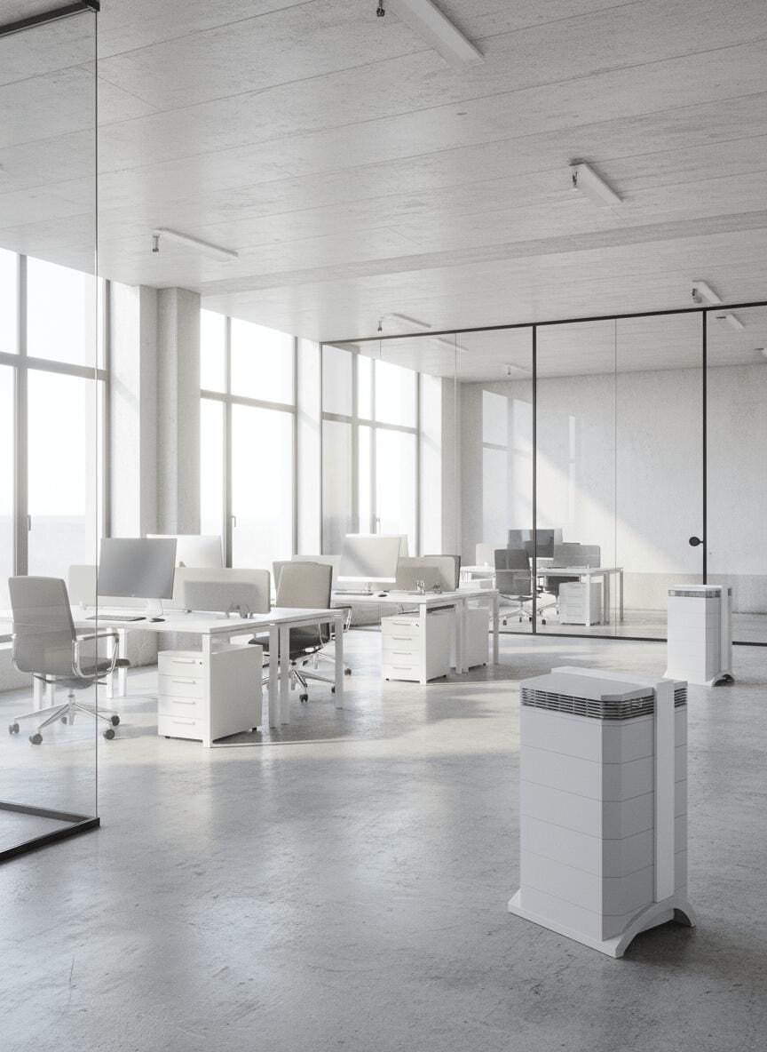 IQAir HealthPro 250 NE Luftreiniger: Weißer Luftreiniger im Büro, ideal für bis zu 92 m². Filtert zuverlässig Schadstoffe.