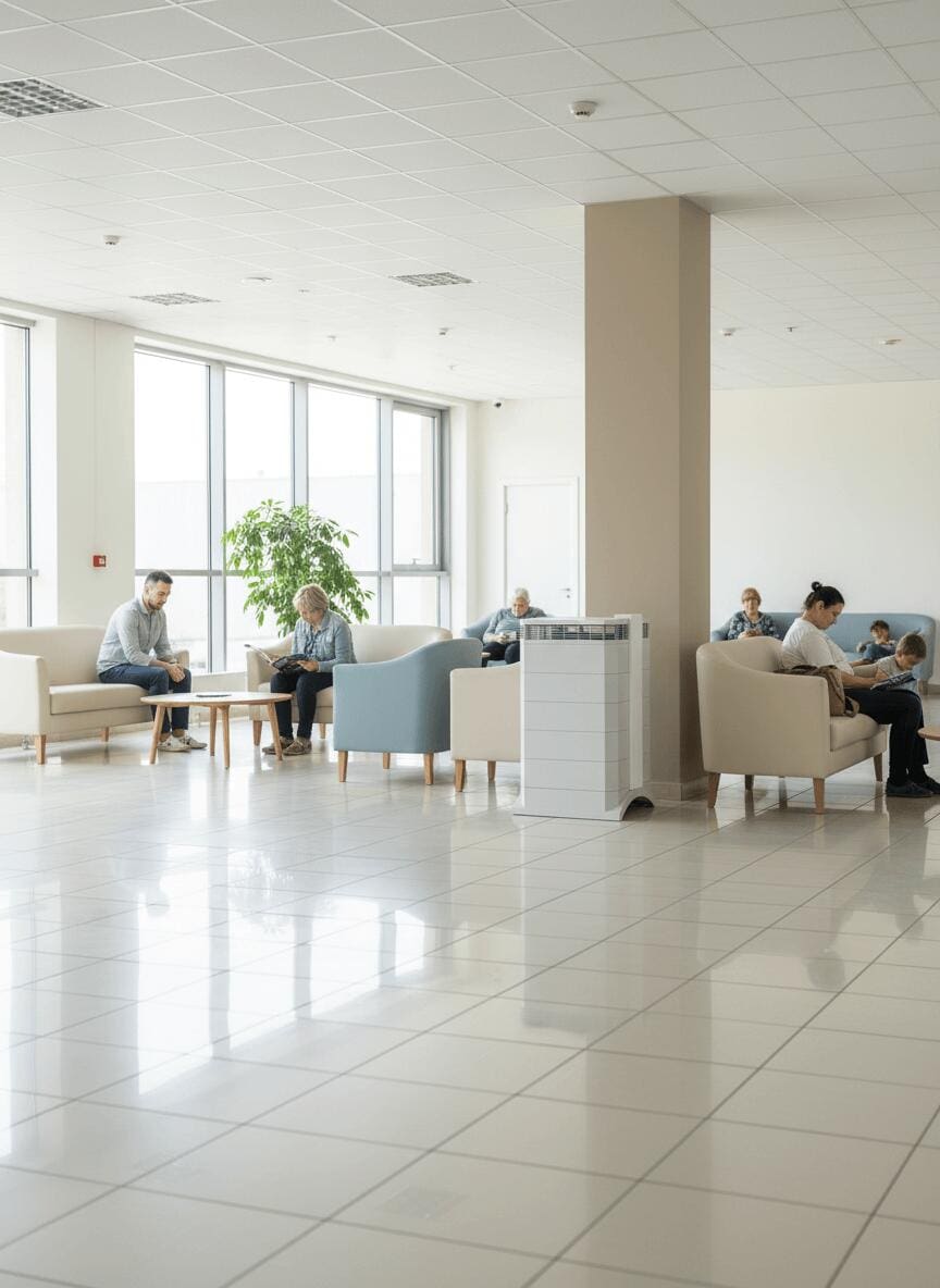 Der weiße IQAir HealthPro 250 NE Luftreiniger im Wartezimmer. Ideal für Räume bis 92m², filtert Staub, Viren und Allergene.