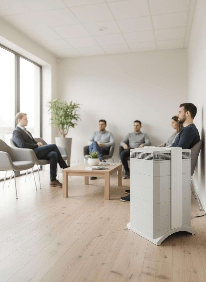 IQAir HealthPro 250 NE Luftreiniger in Wartebereich: Weißes Design, effektive Luftreinigung für bis zu 92m².