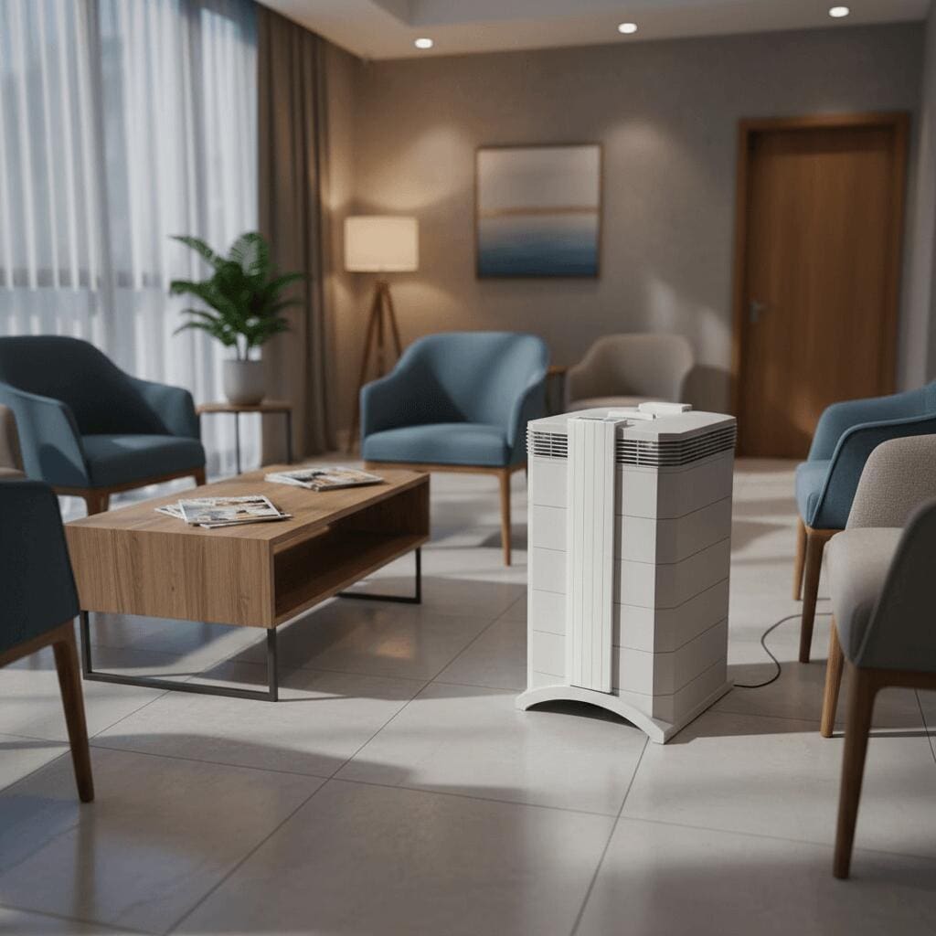 IQAir HealthPro 250 NE Luftreiniger: Weißer Luftreiniger im Wartezimmer, ideal für Allergiker. Filtert Viren, Staub & Gerüche.