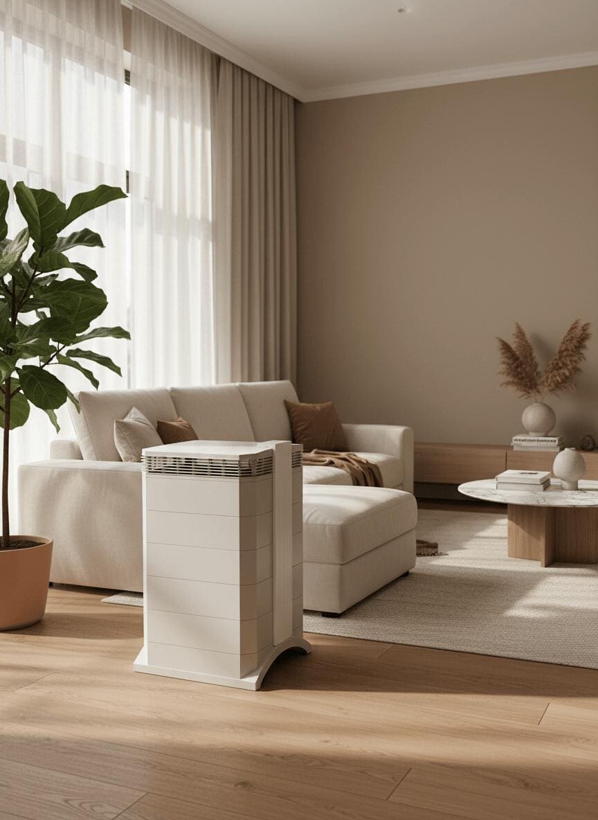 IQAir HealthPro 250 NE Luftreiniger im Wohnzimmer. Der Luftreiniger ist weiß und steht vor einem Sofa in einem hellen Raum.