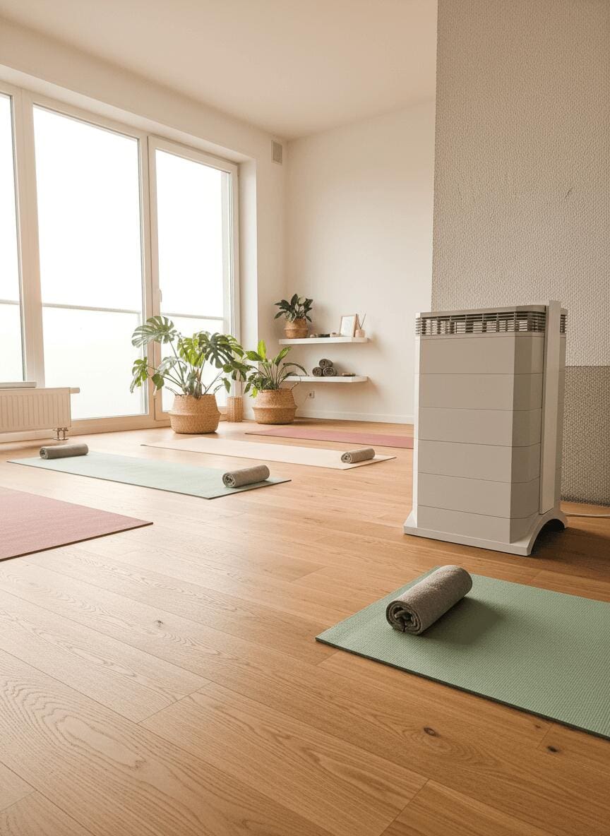 IQAir HealthPro 250 NE Luftreiniger in heller Yoga-Umgebung. Der Luftreiniger ist weiß und steht in einem Raum mit Yogamatten.
