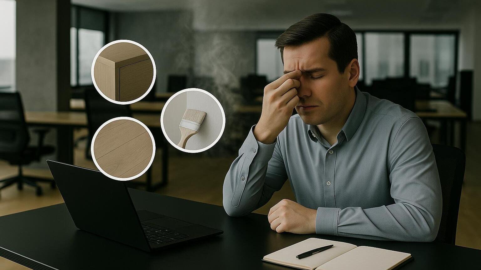 Mann im Büro mit Kopfschmerzen durch schlechte Luftqualität; Icons zeigen Schadstoffquellen: Möbel, Laminatboden, Farbe an Wand.