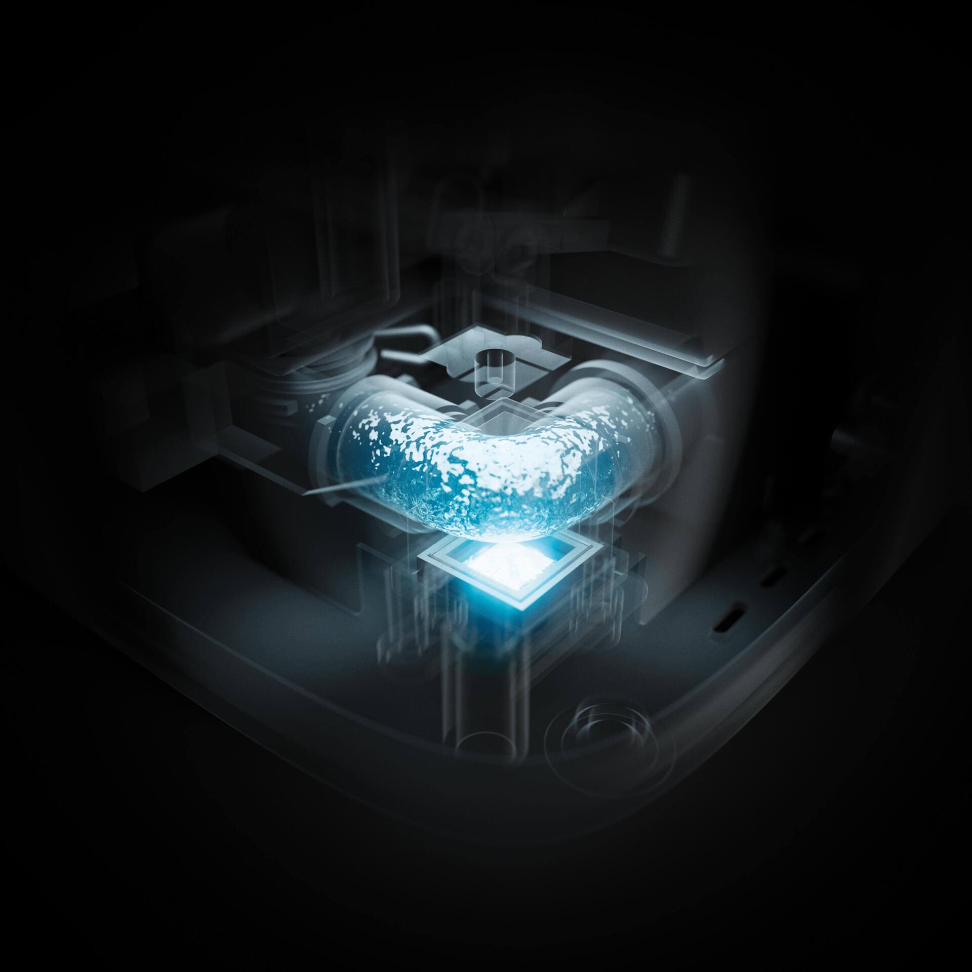 Detailaufnahme des schwarzen Stadler Form Oliver Luftbefeuchters mit UV-Licht, das Wasser desinfiziert. Hygienische Befeuchtung.