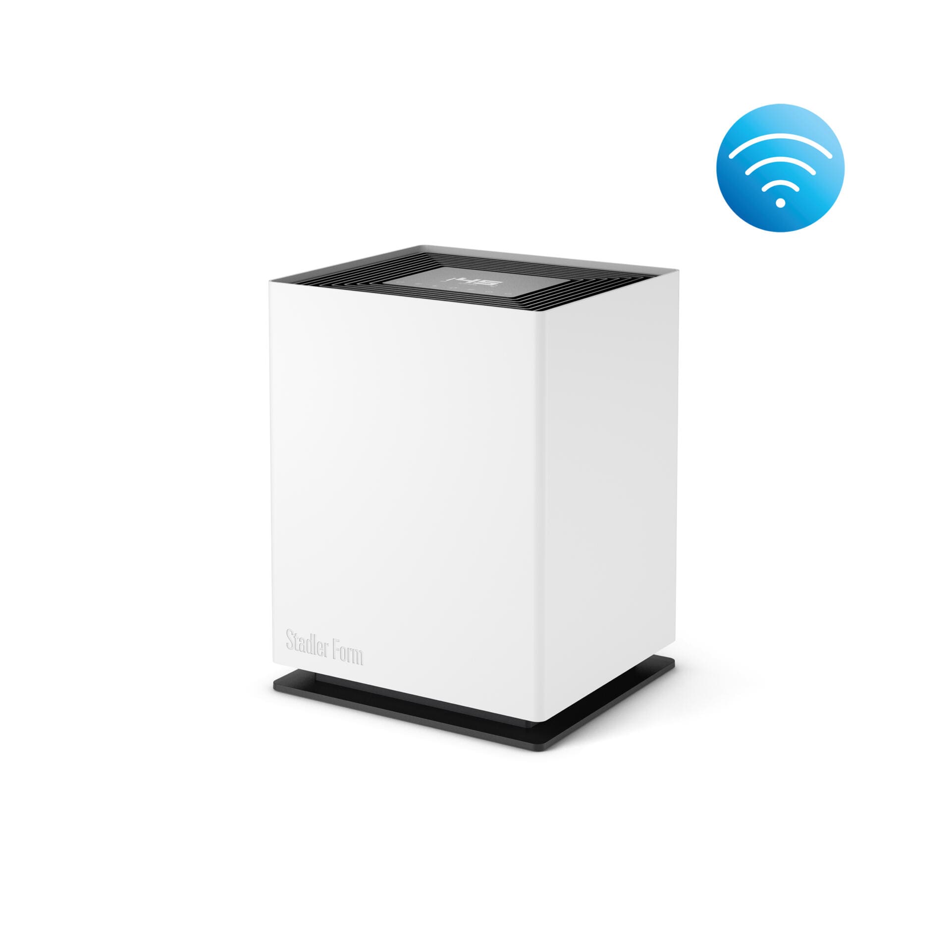 Weißer Stadler Form Luftbefeuchter Noah mit WLAN-Symbol. Modernes Design für Raumgrößen bis 110 m².