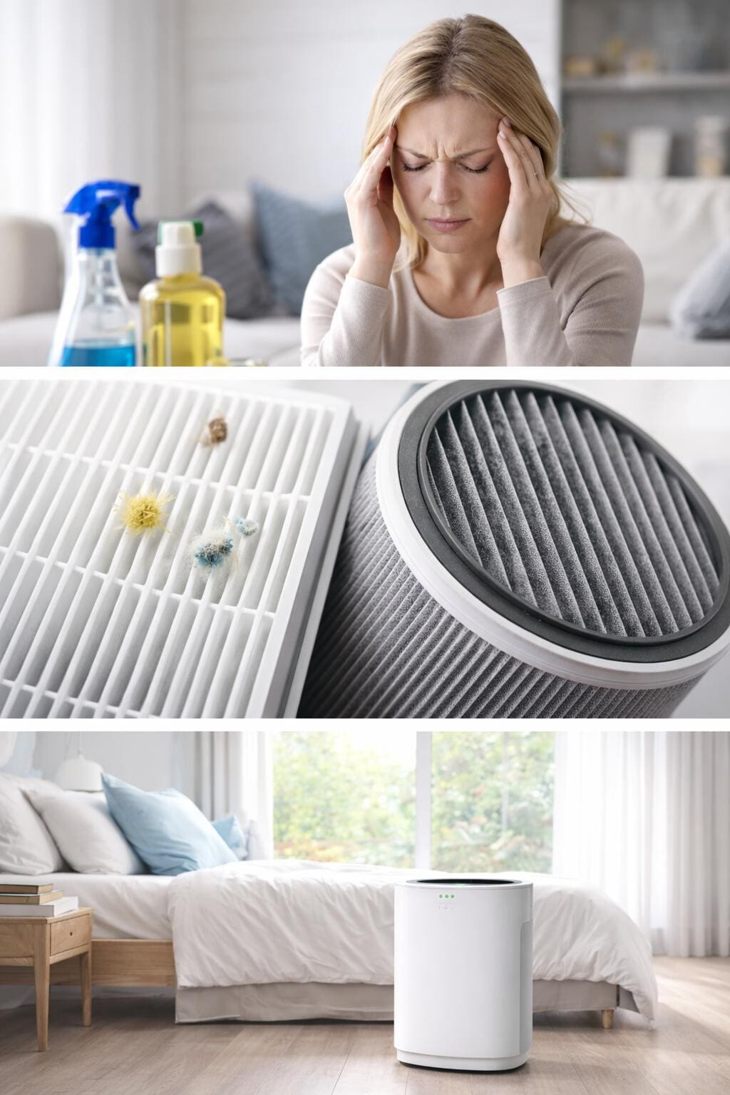 Luftreiniger Filtertechnologien für MCS: HEPA & Aktivkohle filtern VOCs, Staub. Frau mit Kopfschmerzen, Luftreiniger im Schlafzimmer.