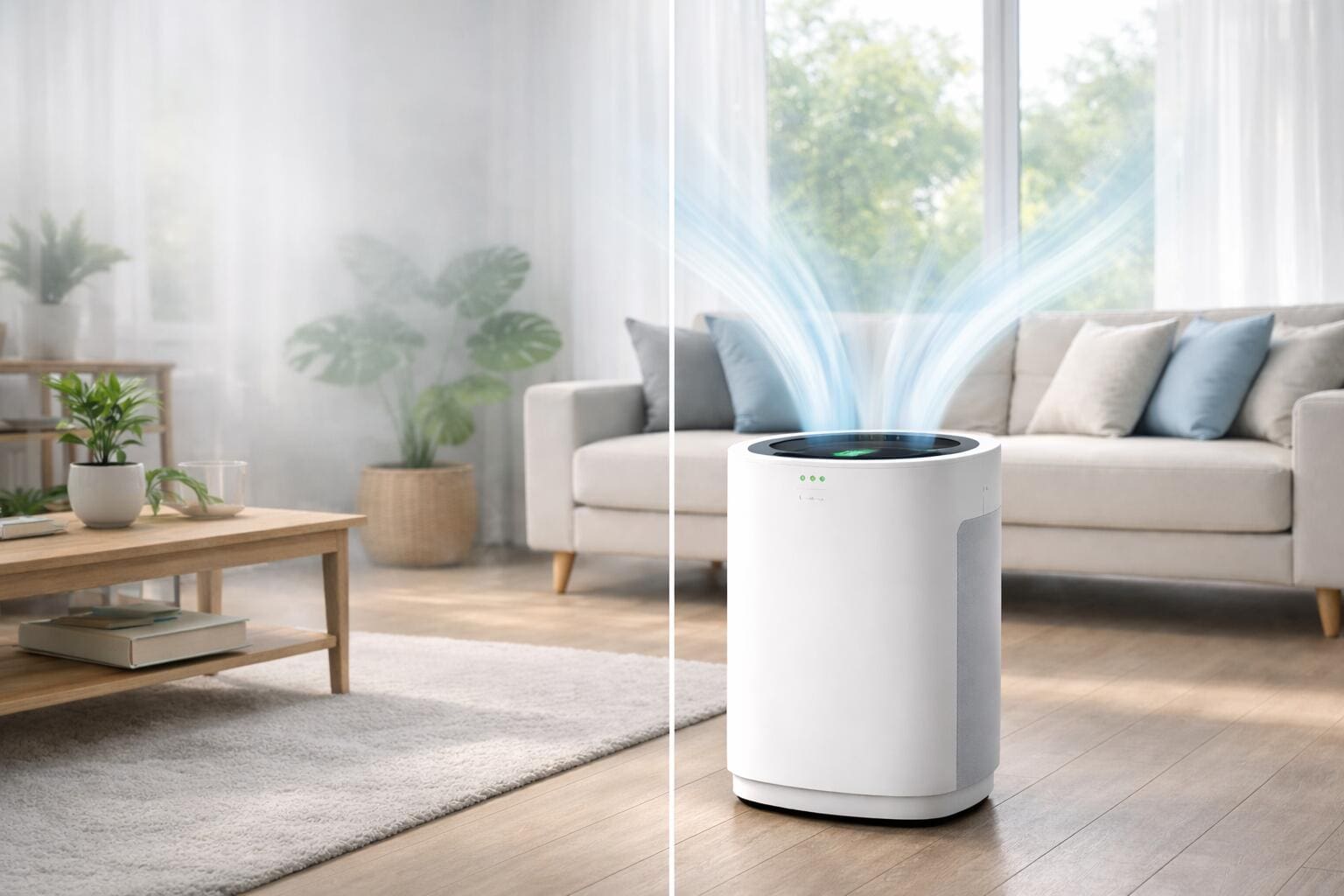 Luftreiniger mit HEPA- und Aktivkohlefilter gegen VOCs und Schadstoffe für MCS. Vorher/Nachher-Vergleich: Saubere Luft dank Filter.