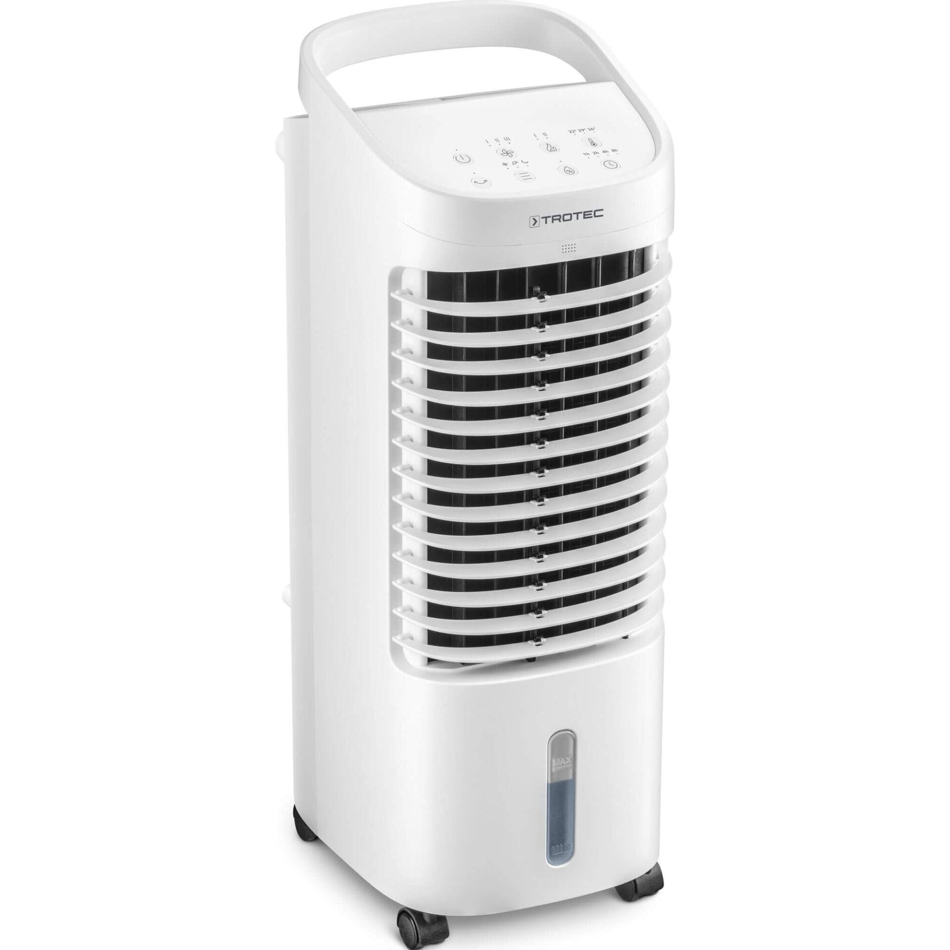Weißer Aircooler PAE 19 H von Trotec. Der mobile Ventilator-Kühler mit Heizlüfter Funktion sorgt für angenehmes Raumklima. Ideal für Sommer und Winter.