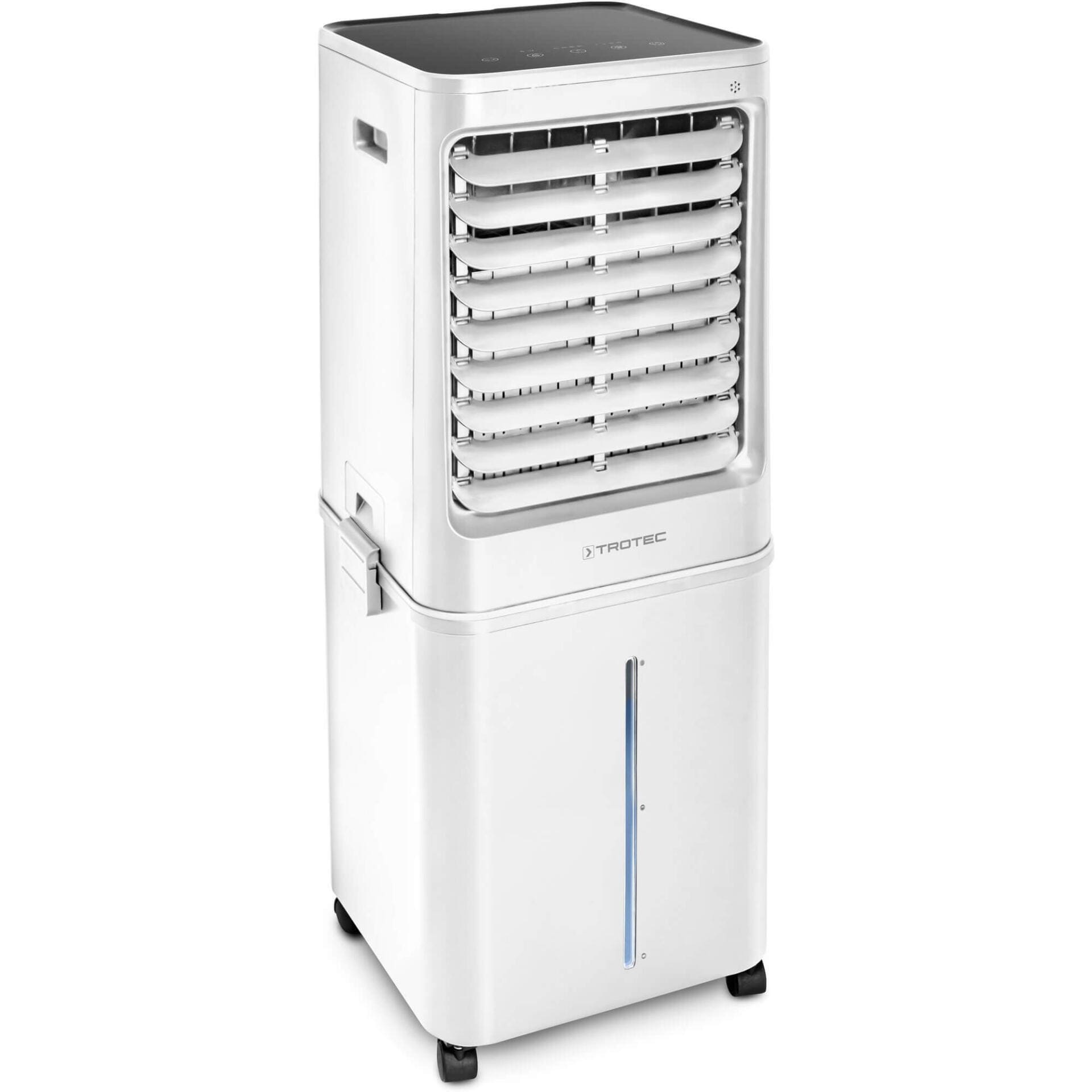 Weißer Trotec Aircooler Luftkühler Luftbefeuchter Ventilator. Ideal für heiße Tage zur Kühlung und Befeuchtung der Raumluft. Mobil und effizient.