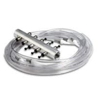 Aluminium-Fugenkreuzsystem mit 10er Verteiler: Detailaufnahme des Verteilers mit Anschlüssen und Schläuchen. Ideal für präzise Fugenarbeiten.