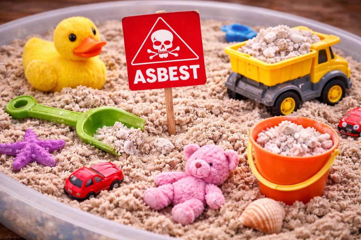 Asbest im Spielsand: Warnschild, Spielzeug wie Ente, Bagger, Eimer in Sandkiste mit möglicherweise gefährlichem, asbesthaltigem Sand. Gefahr!