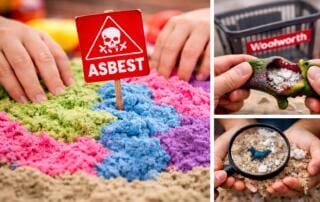 Warnung: Asbest in Spielzeug! Hände im Bastelsand, Asbest-Schild, defektes Spielzeug mit Asbestfüllung. Verbraucherzentrale warnt Eltern.