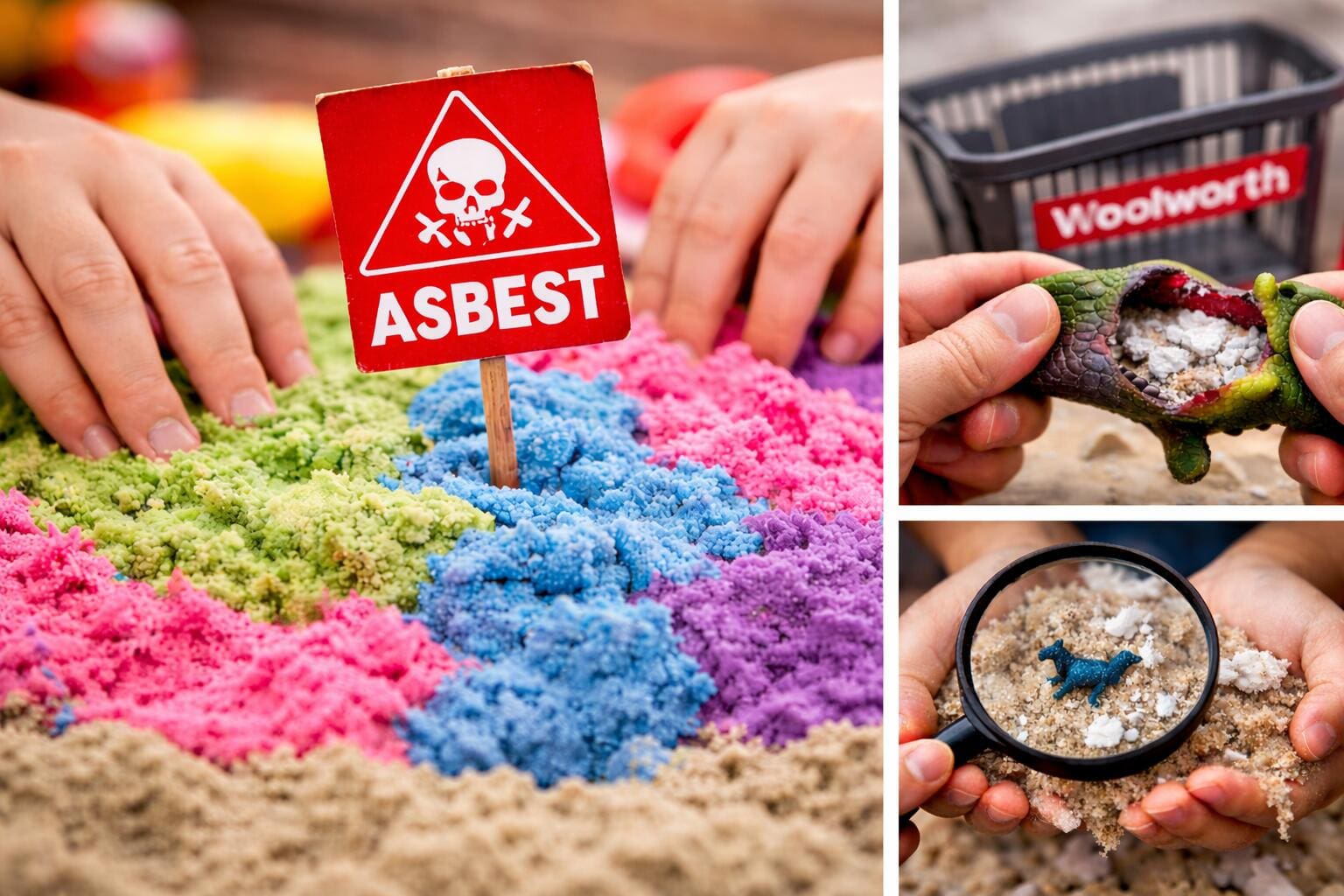 Warnung: Asbest in Spielzeug! Hände im Bastelsand, Asbest-Schild, defektes Spielzeug mit Asbestfüllung. Verbraucherzentrale warnt Eltern.