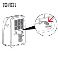 Auslaufstopfen für PAC 2000 S/PAC 2600 S (Bj 2017): Detailansicht des Ventils mit rotem Pfeil. Ersatzteil für Klimageräte.
