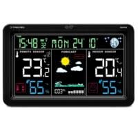Digitale Funkwetterstation zeigt Zeit, Datum, Innen- und Außentemperatur, Luftfeuchtigkeit, Wettervorhersage und Luftdruck an. Klimamonitor BZ29OS.