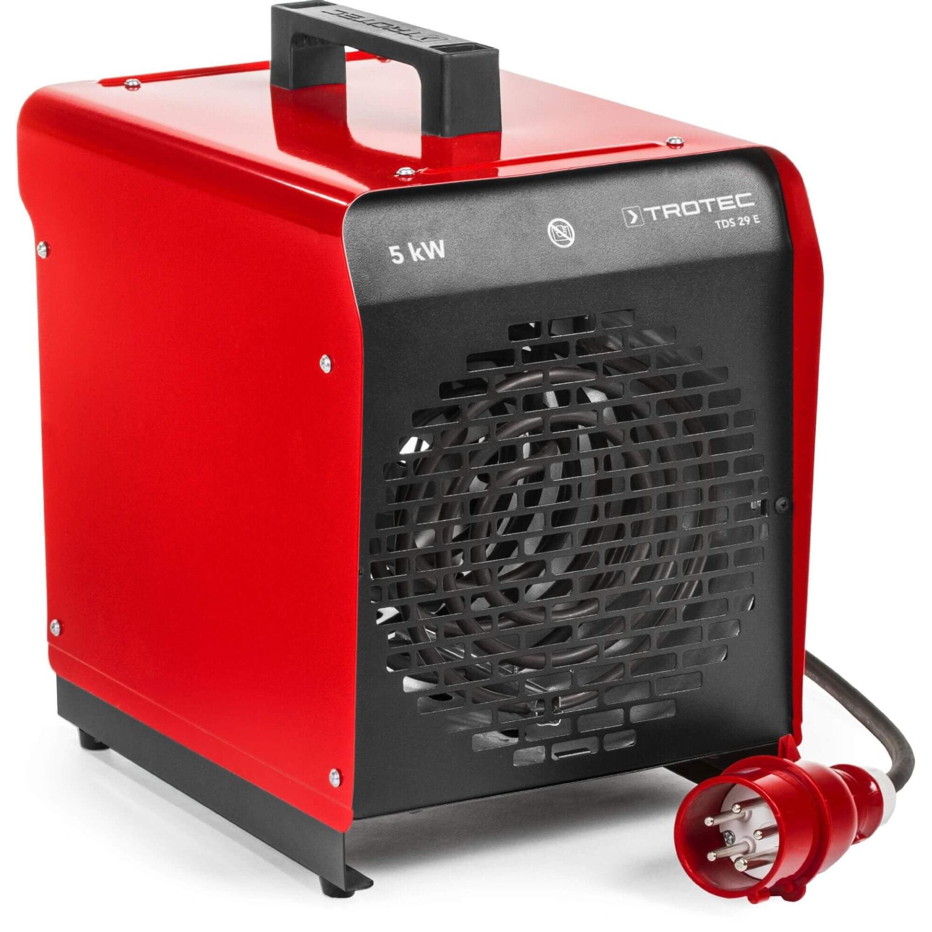 Rotes Elektroheizgebläse TDS 29 E von Trotec, 5 kW Leistung. Ideal zum schnellen Heizen von Räumen. Heizlüfter für Baustellen und mehr.