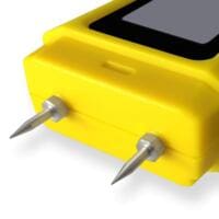 Detailaufnahme von Ersatz-Elektrodenspitzen für BM22 Feuchtigkeitsmessgerät, gelbes Gehäuse, silberne Spitzen, Nahaufnahme für präzise Messungen.