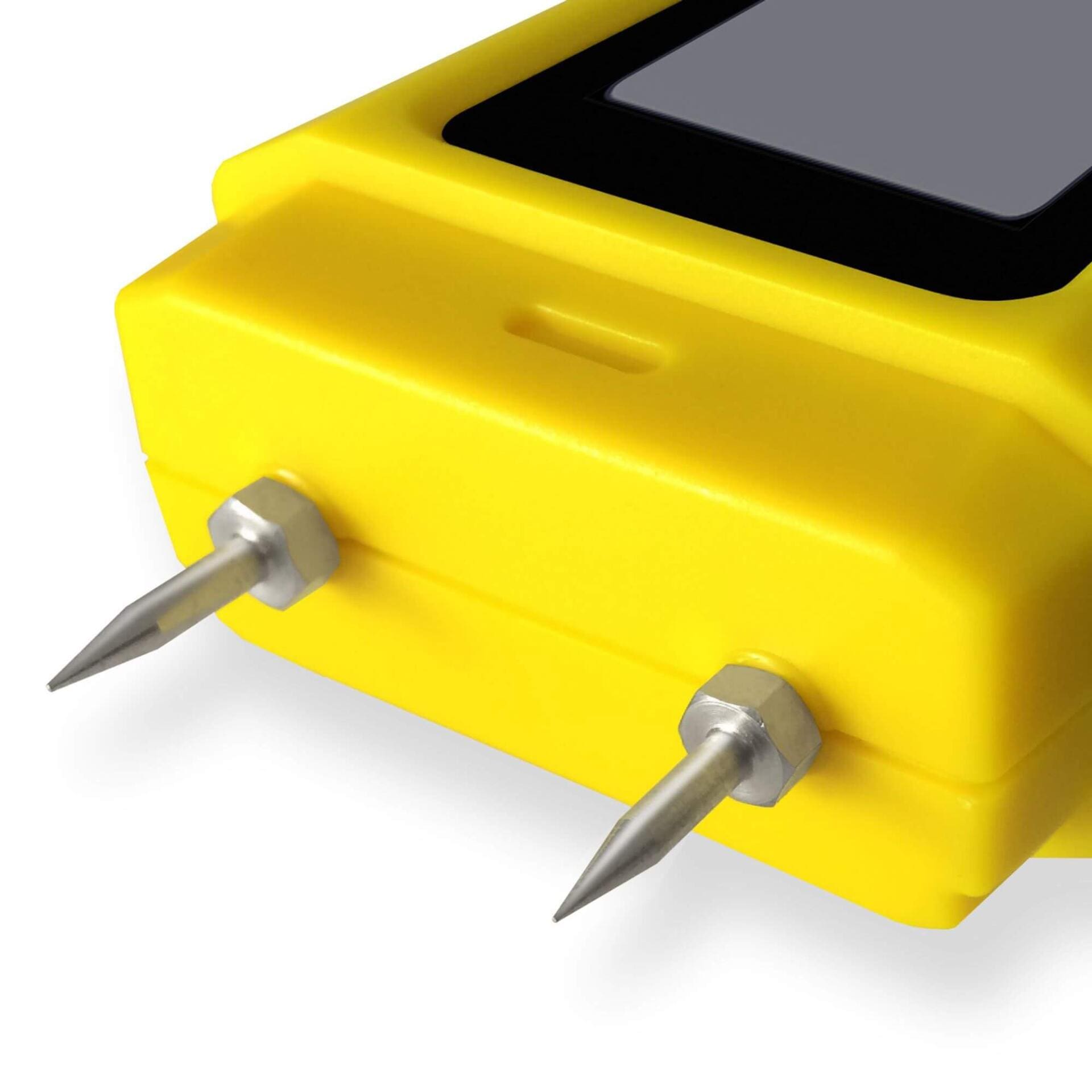 Detailaufnahme von Ersatz-Elektrodenspitzen für BM22 Feuchtigkeitsmessgerät, gelbes Gehäuse, silberne Spitzen, Nahaufnahme für präzise Messungen.