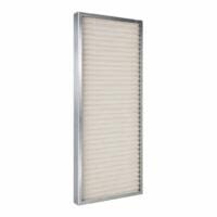 Nahaufnahme des Benchalist HEPA14 Ersatzfilters. Silberner Rahmen, gefaltetes Filtermedium in Cremeweiß. Ideal für Allergiker.