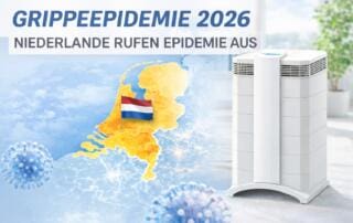 Grippeepidemie 2026 in Europa: Niederlande rufen Epidemie aus. Grafik zeigt Niederlande Karte, Virus und Luftreiniger zur Grippebekämpfung.