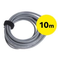 Hygrostat HG 125 Verlängerung 10m: Graues Kabel, aufgerollt und mit Klettband fixiert. Gelbes Etikett zeigt 10m Länge an.