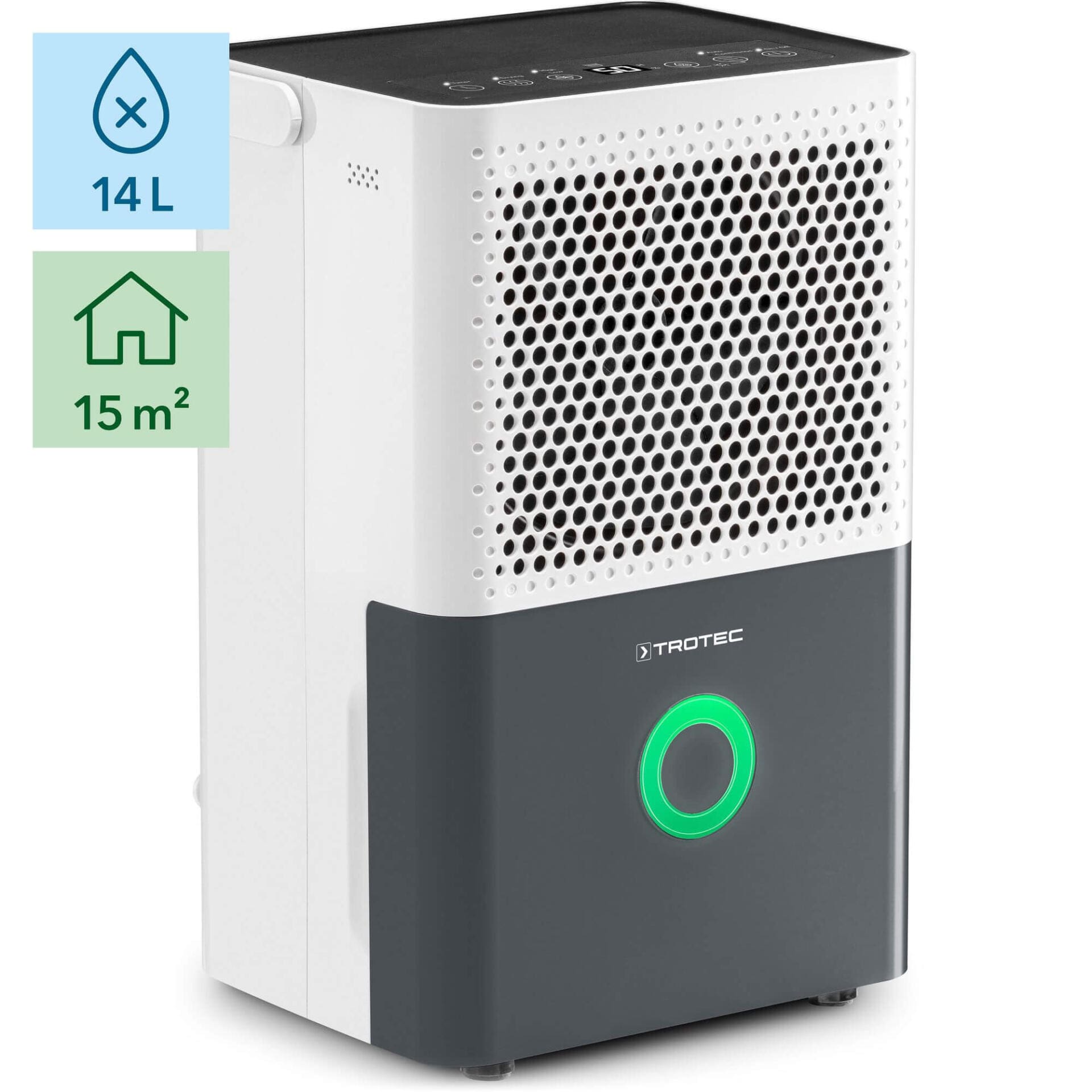 Komfort Luftentfeuchter TTK 33 E: Weiß-grauer Raumentfeuchter mit 14L Tankvolumen und geeignet für Räume bis 15m². Trotec Luftentfeuchter.