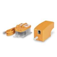 Kondensatpumpe DH 15: Kompakte, gelbe Kondensatpumpe mit transparentem Behälter und Kabel. Ideal für Klimaanlagen und Heizsysteme. DH 15 Modell.