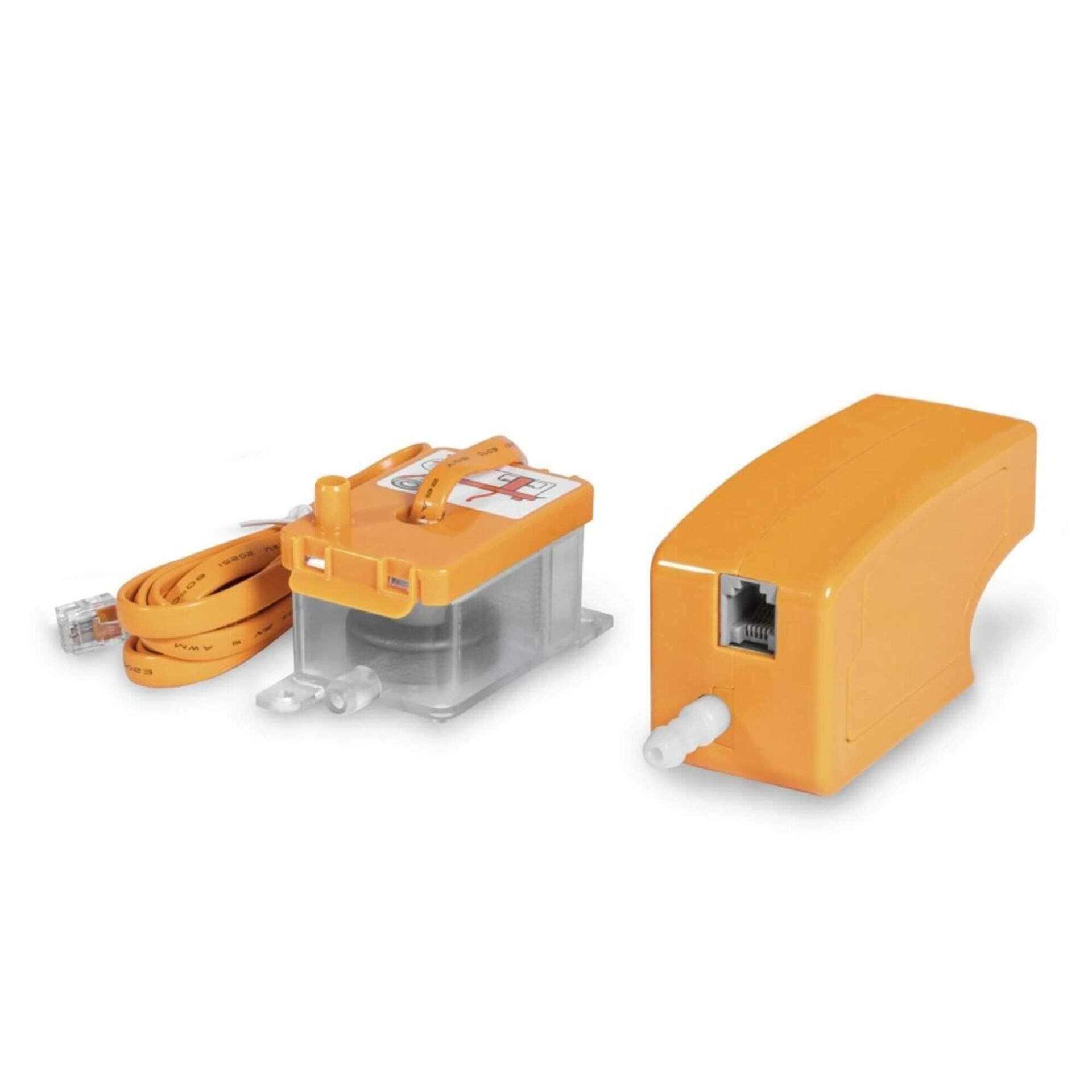 Kondensatpumpe DH 15: Kompakte, gelbe Kondensatpumpe mit transparentem Behälter und Kabel. Ideal für Klimaanlagen und Heizsysteme. DH 15 Modell.